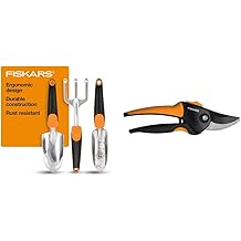 Fiskars 384490-1002 Garden Scratch Tool Set with Shovel, Hand Rake and Spade for Weed Removal, Digging, Gardening, Black/Orange & 79436997J Softgrip Bypass Pruner, Black/Orange Small