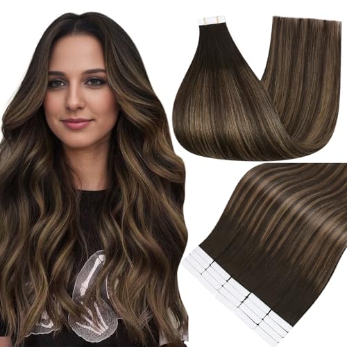Image of Full Shine Human Hair Tape in Extensions, Dark Brown Highlight Mix 16 Inch | 50g 20PCS, Seamless Tape in Human Hair Extensions, Invisible Double Sided Design Natural Volume Soft Ash Brown Look