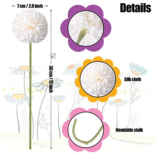 24 Pcs Chrysanthemum Flowers Artificial Ball Flowers Bouquet Long Stem Flowers Chrysanthemum Faux Flowers Hydrangea Boho Floral Tables Centerpieces For Home Kitchen Wedding Party Decorations (White) #TOP2