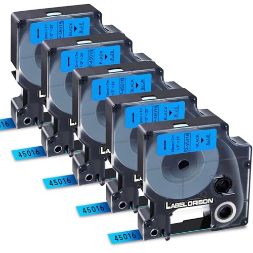 Label Orison 45016 Label Tape Compatible with DYMO D1 Label Maker Refill for Dymo LabelManager 160 280 210D, 12mm x 7m (1/2 inch x 23 Foot), 5-Pack, Black on Blue