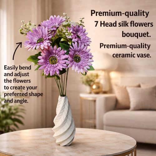 Image of Premium Combo Artificial Purple Daisy Flower Bouquet with Designer Ceramic Vase | Snowflake Fabric Real Touch Flowers | Luxury Home Decor for Living Room Bedroom Office Center Table(ND-16)