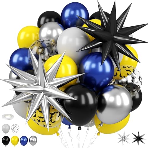 Black and Yellow Balloons 12 Inch Black Yellow Gray Blue Silver Balloons with Bat Confetti Balloons and Star Foil Balloon for Boys Bat Theme Party Birthday Baby Shower Anniversary Supplies