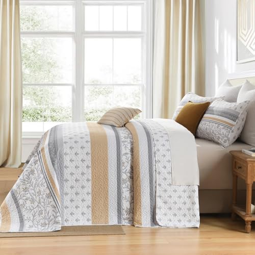 Bedduvit 100% Cotton 120"x120" Oversized King Bedspread - Farmhouse Rustic Floral Striped Patchwork Extra Wide King Quilt Set, Lightweight Reversible Bedspreads for All Season, 3pcs, Yellow/Gray/White - image 3