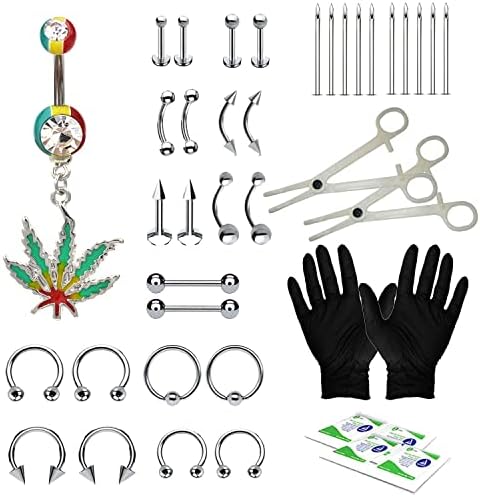 BodyJ4You 36PC PRO Piercing Kit Steel 14G 16G Star Pot Leaf Belly Ring Tongue Nipple Nose Jewelry