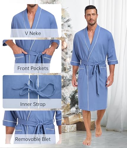 Image of COLORFULLEAF 100% Cotton Men's Bathrobes Summer Kimono Short Sleeve Lightweight Soft Breathable Spa Robe for Men