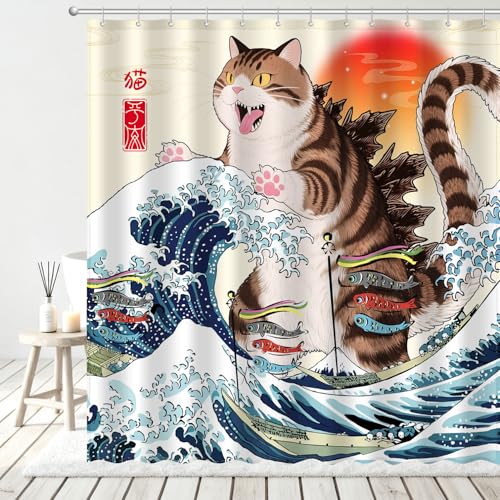 Image of Funny Chubby Cat Monster Shower Curtain Set, Japanese Anime Sunset Ocean Waves Home Bathroom Decor, Polyester Cloth Fabric Bath Curtain with 12 Hooks 72 inch W x 72 inch L