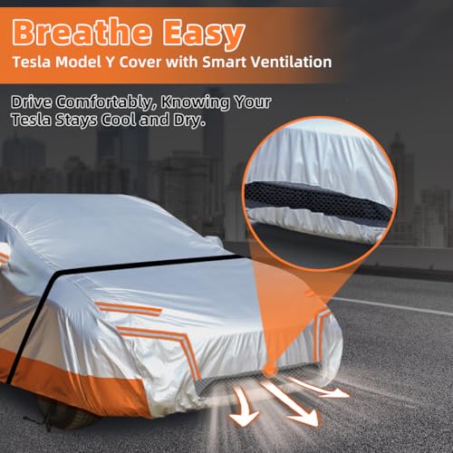 Image of Car Cover Custom fit Tesla Model-Y with Cab Door Zipper, Car Cover Waterproof All Weather with Ventilated Mesh Charging Port Door