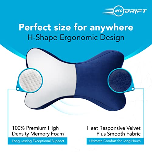 Image of Neodrift 'NeckBone' - Neck Rest Cushion Orthopedic Velvet Memory Foam Pillow for Neck, Head, Shoulder Support - Pain Relief for Car, Set of 2 (Colour-Blue)