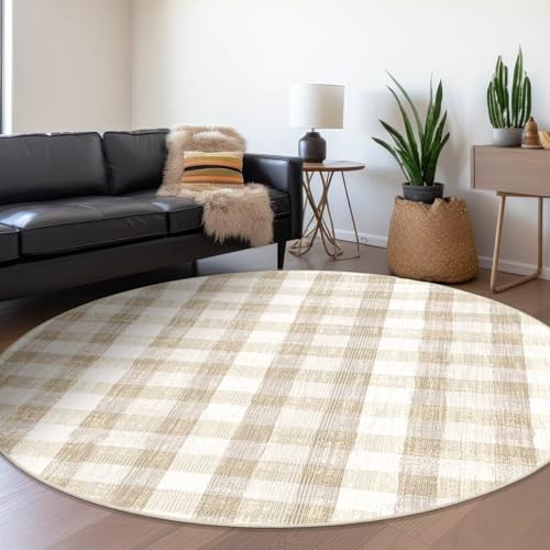 Image of Checkered Area Rug, 6 Ft, Round, Beige | Washable, Non Slip, Modern Neutral, For Living Room Bedroom Office Patio Dining Room