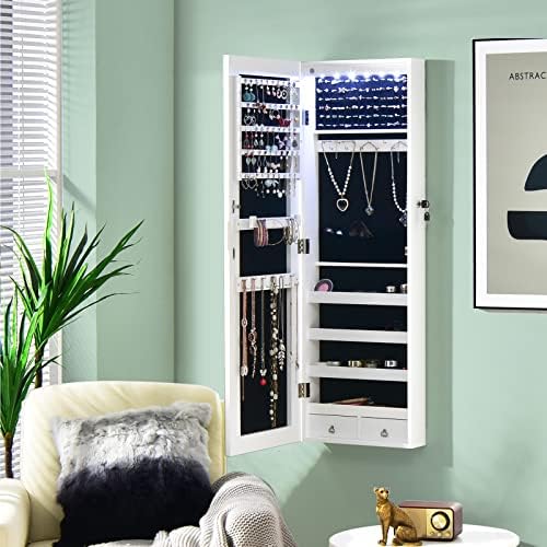 COSTWAY 6 LED Lights Jewelry Cabinet, Door Hanging/Wall Mounted Jewelry Armoire with Full Length Mirror, Lockable Cosmetics Makeup Jewellery Storage Organiser Unit for Bedroom Dressing Room (White)