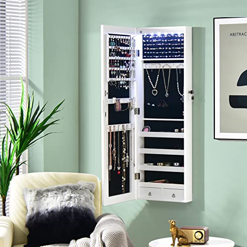 Miniatura 8 de Costwya Armario Para Joyas Con Espejo, Armario Para Joyas Para Colgar A La Puerta Con 6 Luces Led Y 2 Cajones, Organizador Joyas Multiuso Con Espejo De Cuerpo Entero Para Dormitorio Blanco