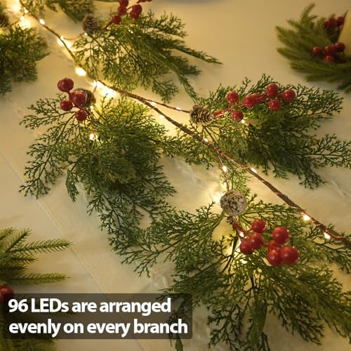 Image of 2025 New 6.56FT Christmas Garland Lights with 96 LED 8 Flash Modes Battery Operated Cypress Garland with Timer Lighted Xmas Pine Garland Christmas Decor for Mantle Fireplace Table Stairs Holiday