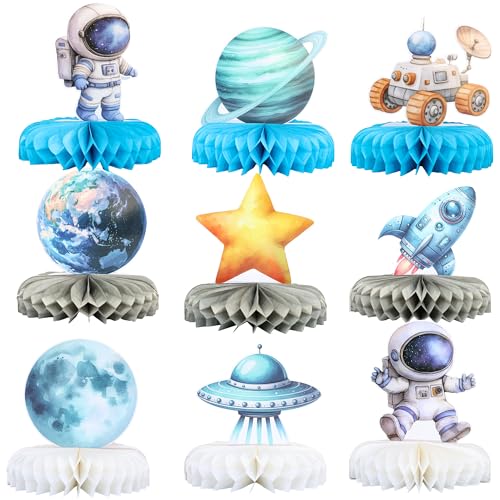 Gyufise 9 Pack Outer Space Birthday Party Decorations Two The Moon Birthday Decorations Boys Space Themed Honeycomb Table Centerpieces for Party Galaxy Party Table Planet Astronaut Party Supplies Blue