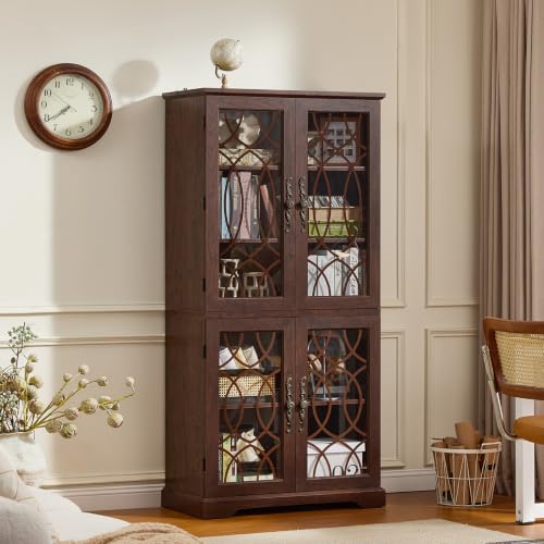 Image of Joaxswe 67 inch Tall Pantry Cabinet Set of 2, Vintage Kitchen Pantries Cabinets with Glass Doors & Adjustable Shelves, Wood Cupboard with Large Storage for Dining Room, Bathroom, Walnut