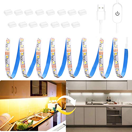 Cabinet Led Lights Strip, YNESOER Led Strip Lights for Bedroom USB Powered 9.8ft Warm White & Daylight White Dimmable Touch Control LED Lights for Closet Makeup Vanity Table Indoor Use