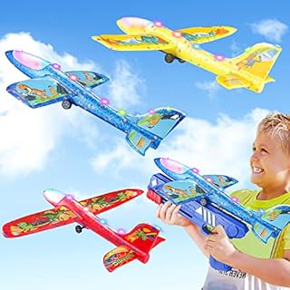 Led Aeroplane Launcher Toys,3 Pack 2 Flight Modes Dinosaur Themed LED Foam Glider Catapult Plane Toy,Outdoor Flying Toys Valentines Day Birthday Gifts for Boys Girls 4 5 6 7 8 9 10 11 12 Years Old