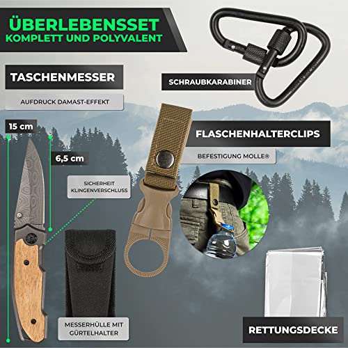 Kit de Survie Militaire Complet–Trousse de Secours avec Garrot/Lampe Torche/Couteau/Pierre à feu/Pince Multifonction/Couverture Sifflet de Survie–Camping Randonnée Pêche Chasse survivalisme – Image 4
