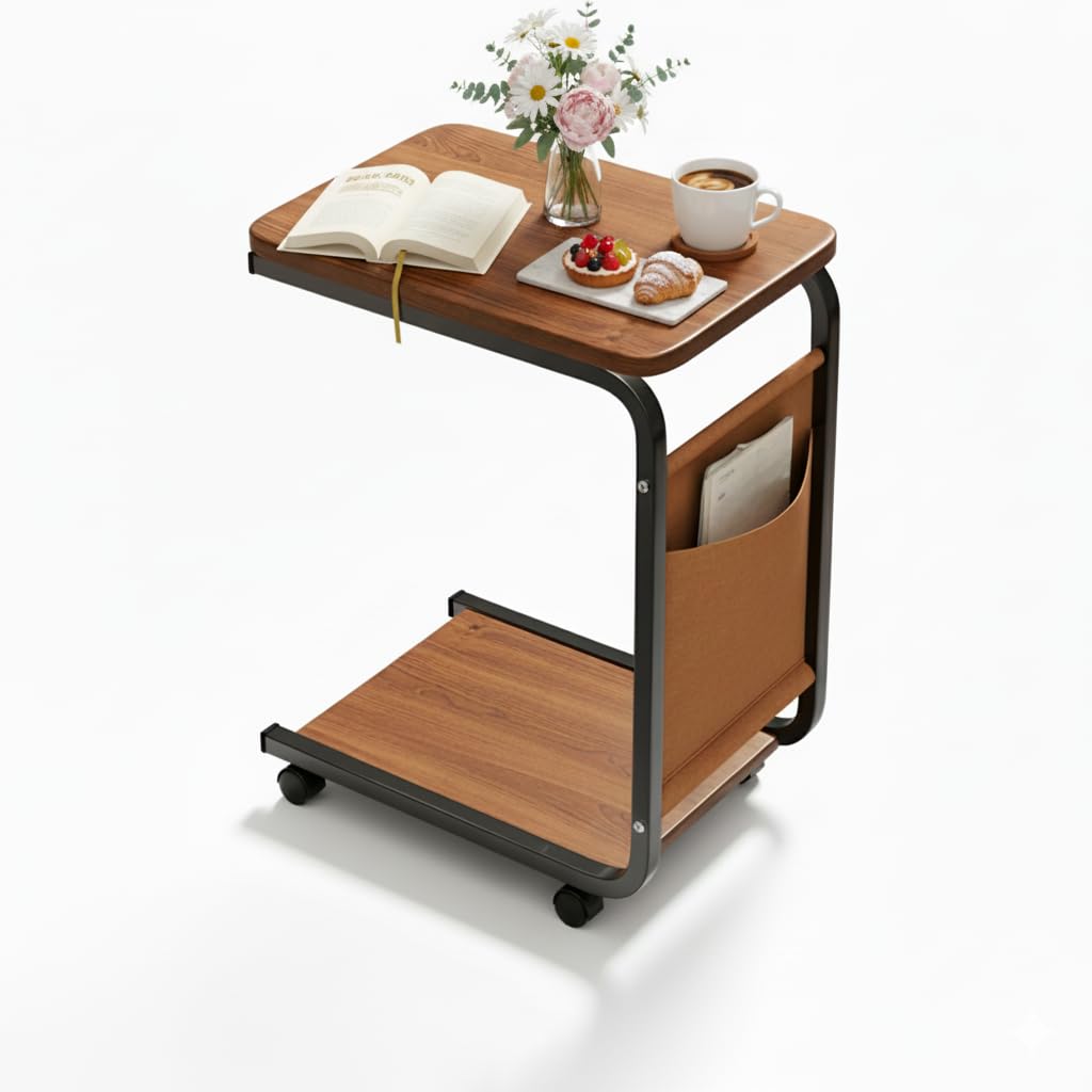 Beistelltisch C Form mit Rollen, kleiner Couchtisch aus Holz, Beistelltisch Couch mit doppelter Ablage, Farben: Schwarz/Walnuss/ Weiß/Natur, stabiler Sofa Tisch für Wohnzimmer oder(Color:Walnussfarbe)