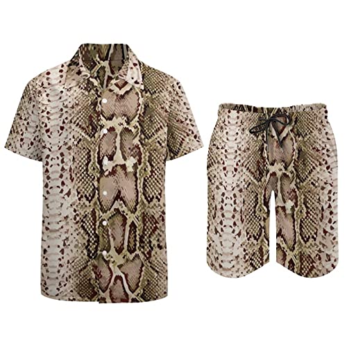 Snake Skin Python Pattern Men's 2 Piece Beach Outfits Hawaiian Button Down Short Sleeve Shirt and Shorts Suits3