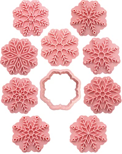Juego de 9 patrones de sellos 3D de copo de nieve, plástico de grado alimenticio, 8 ramas en forma de copos de nieve, cortadores de galletas, juego de sellos de fondant para hornear (rosa)