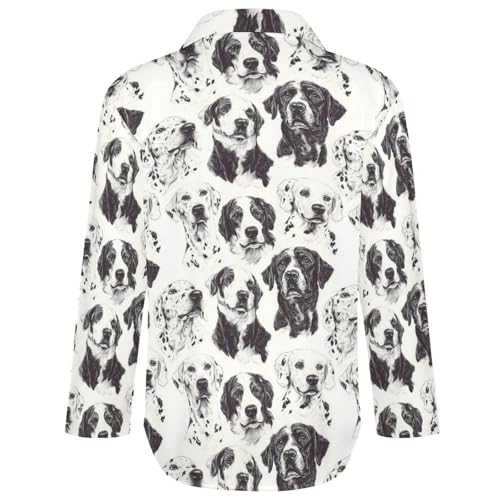 Langarm-Shirts mit Knopfleiste für Damen – schwarz-weiße Hunde-Print-Blusen für Damen, elegante lässige Oberteile, Mehrfarbig, S