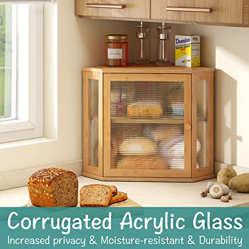 Viewcare Bread Box For Kitchen Counter, Corner Bread Box, Bamboo Wood Large Capacity Bread Storage Bin With Acrylic Wavy Door Panel #TOP6