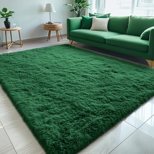 OLANLY 5x7 Machine Washable Large Area Rugs for Living Room, Bedroom, Soft Fluffy Shaggy Bedside Rug, Indoor Floor Carpet for Kids Girls and Boys, Dorms, Nursery, Home Decor Aesthetic, Dark Green