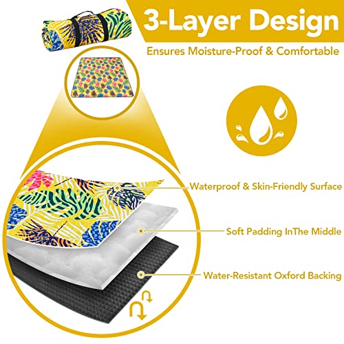 PY SUPER MODE Picnic Blankets Extra Large, Waterproof Foldable Outdoor Beach Blanket Oversized 83x79” Sandproof, 3-Layer Picnic Mat for Camping, Hiking, Travel, Park, Concerts-Tropical Color Leaf