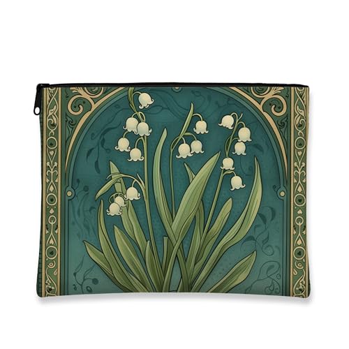Vintage Floral Makeup Bag, Lily of the Valley Design Cosmetic Travel Pouch for Women, Portable Small Canvas Zipper Organizer, Spring Festival Gift Toiletry Bag, Green, 7x9 Inch, Flowers