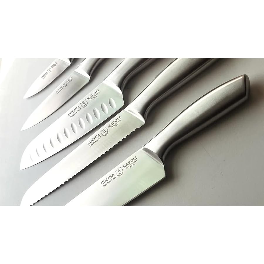 Cucina Napoli Kitchen Knife Set of 5 Piece | Satin Finish Blade with Hollow Handle | Includes 3.5" Paring, 5" Utility, 7" Santoku, 8" Bread, 8" Chef Knives