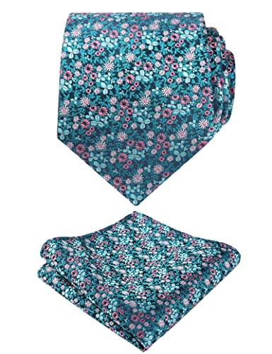 Alizeal Mens 3.15inches Exquisite Floral Tie with Small Flower Printed Pocket Square Teal+Pink+White