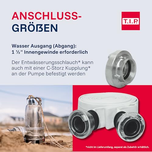 T.I.P. Edelstahl Schmutzwasser Tauchpumpe Duo-Ring, 20.000 l/h, 800W, Flachsaugend, 30mm Korngröße, 8m Förderhöhe, IPX DUO Effizient, Zuverlässig, MAXIMA 350 IPX DUO, 30274