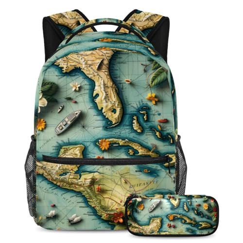 Sac à dos motif carte de voyage multicolore ensemble scolaire de 2 sacs