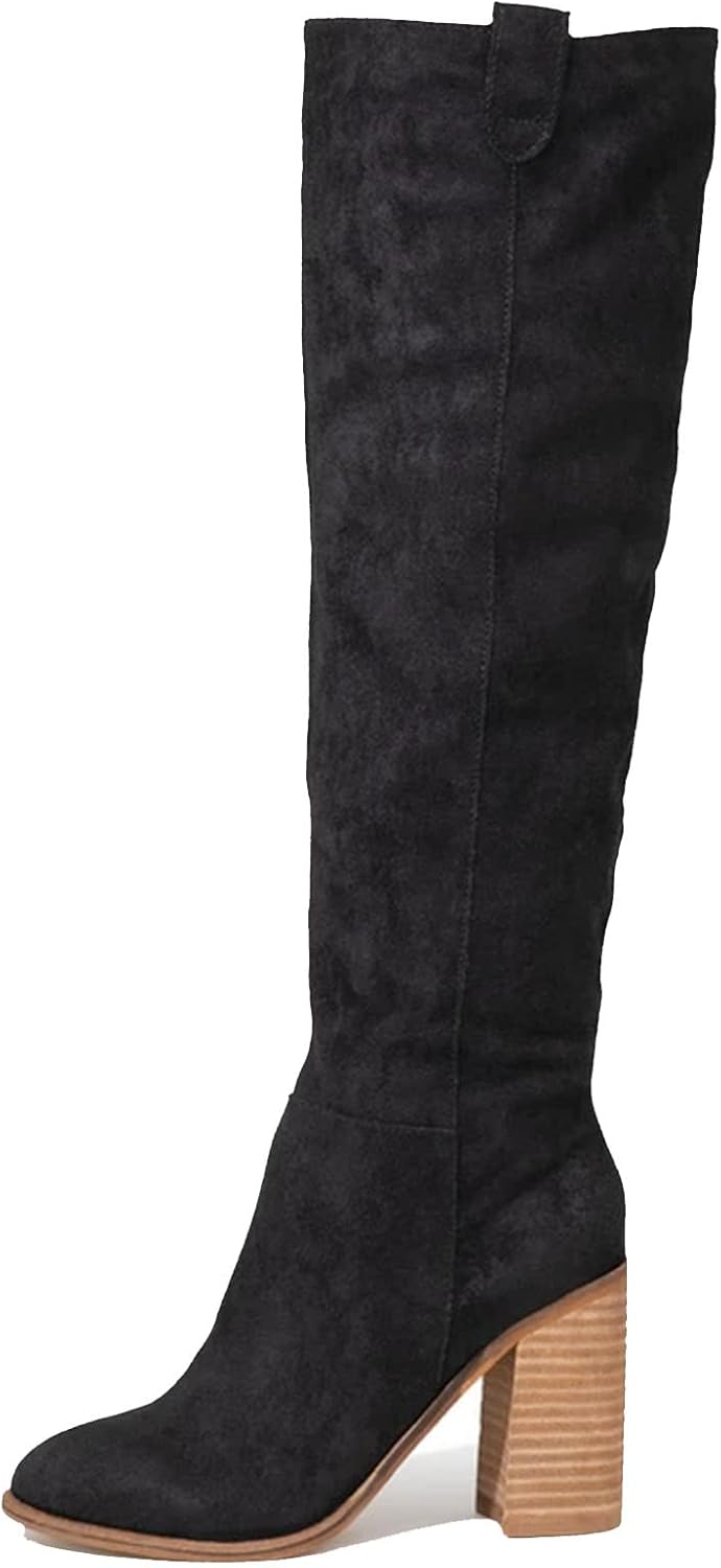 Erocalli Suede Knee-High Boots Fall Boot For Women Chunky Block High Heel Slouch Fashion Boot Round Toe Side Zipper