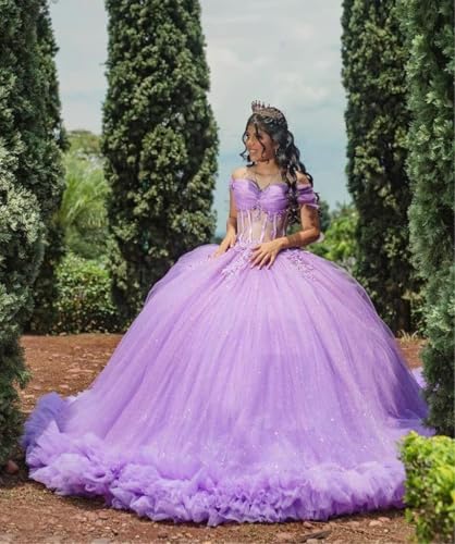 Sparkly Tulle Quinceanera Dresses Off Shoulder Ball Gowns Beading Lace Appliques Layered Sweet 16 Dresses 20243