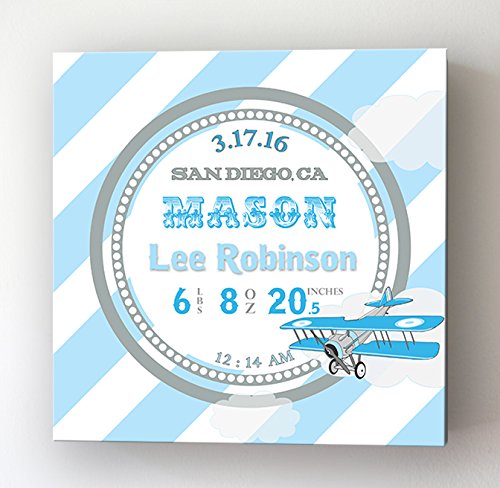 Personalized Stretched Canvas Birth Announcement Gift, Custom Baby Name, Date, Weight Stats, Newborn Airplane Nursery Wall Art Decor, Wooden Frame Construction, Ready to Hang 24X24