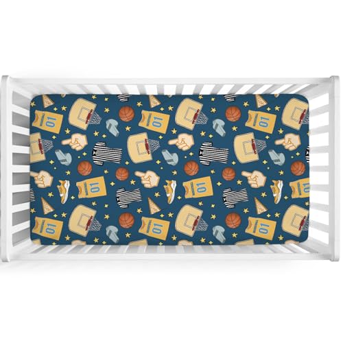 Image of Fun Basketball Baby Crib Sheet 52''x28'' Sports Snug Fitted Mattress Cover for Boy Girl Basketball Balls Hoop Uniform Soft Nursery Baby Sheets