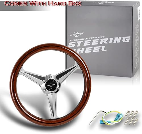 Miniatura 5 de W-Power, 14 pulgadas universal 13.780 in 6 pernos agujero estilo clásico con aluminio pulido madera oscura caoba agarre volante, botón de cuerno