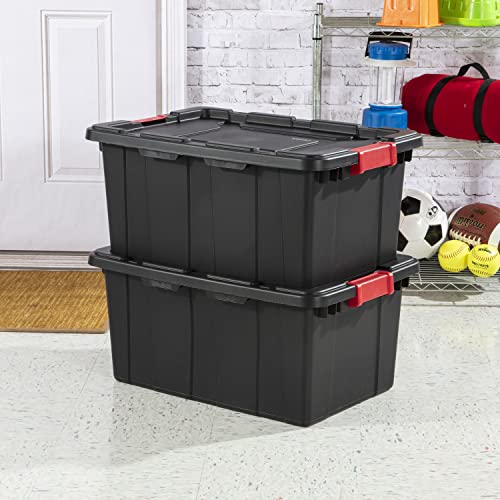 Sterilite 14649006 15 Gallon/57 Liter Industrial Tote, Black Lid & Base W/ Racer Red Latches, 6-Pack #TOP2