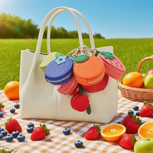 Fruit Mini Coin Purse Keychain,Cute Fruit Leather Bag Charm,Strawberry Keychain with Zipper Backpack,Mini Keychain Accessory for Women and Girls(Cherries)2