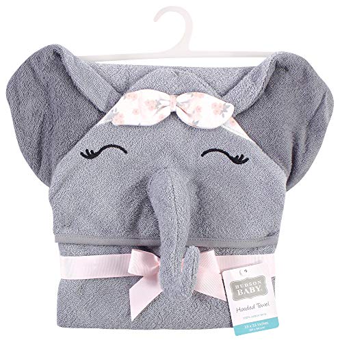 Image of Hudson Baby Unisex Baby Cotton Animal Face Hooded Towel, Flower Elephant, One Size