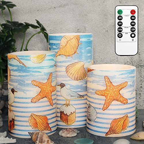 Flavcharm Blue Flameless Candles With Remote - Set Of 3 Beach Theme Seagull Starfish Seashell Desgin Battery Operated Real Wax Pillar Led Candles Decorative For Home Coastal Room Vintage Decor Gifts #TOP27