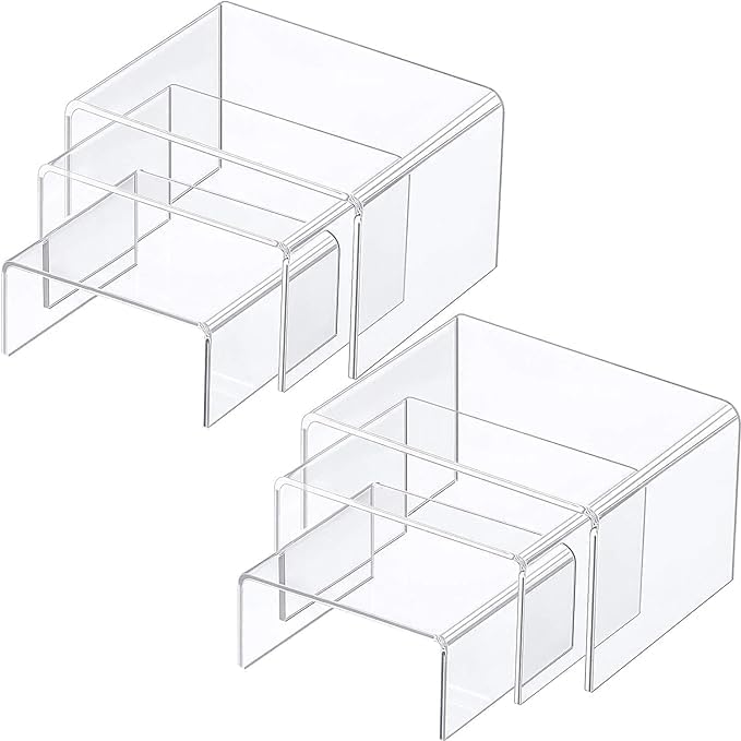 BIGIMALL 2 Small Sets Acrylic Display Risers, Clear Product Stand, Jewelry Display Riser Shelf Showcase (For small sized products only)