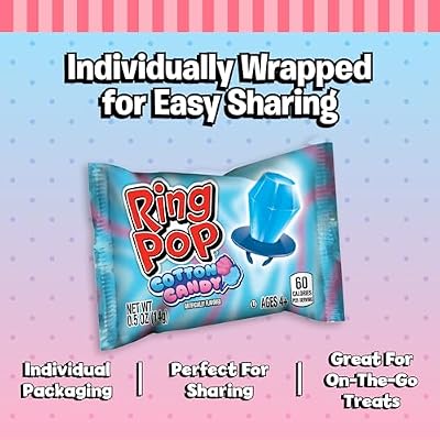 Ring Pop Individually Wrapped Cotton Candy Flavored Lollipop 30 Count Bulk Pack Wearable Hard Candy Rings for Kids, Fun Sweets for Parties, Kids Party Favors & Goodie Bags