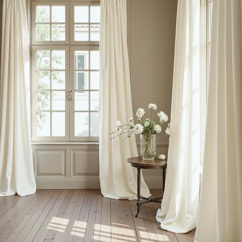 Image of Luxury Velvet Curtains 63 Inch Length 2 Panel Ivory Off White Light Filtering Soft Satin Silk Textured Curtain for Living Room Kitchen Door Doorway Laundry Wedding Party Backdrop Girl Decoration 52x63