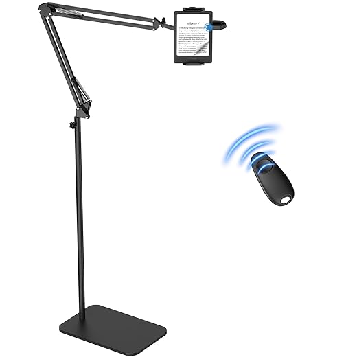 Floor Tablet Holder for Kindle with Remote Page Turner, Kindle Stand for Reading in Bed on Paperwhite Colorsoft Scribe E-reader, Lazy Arm Phone Mount for E-book Reading with Clicker Accessories