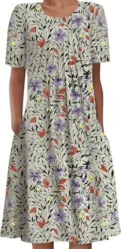 Image of LOVESHOOT Size M Womens Summer Midi Dress 2026 Casual Short Sleeve A Line Dress with Pockets Evening Wedding Guest Work Purple Red Floral