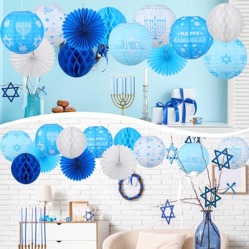 Image of Retisee 18 Pcs Hanukkah Party Decoration Happy Hanukkah Paper Lanterns with Candlestick Dreidel Blue White Hanging Paper Fans Honeycomb Balls Chanukah Home Ornament for Jewish Party Decor