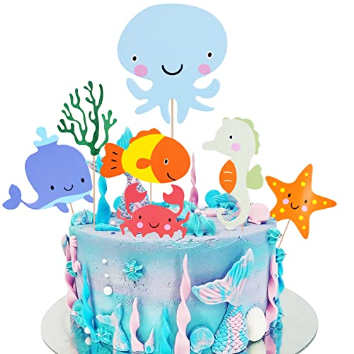 OSDUE Anniversaire Décoration de Gâteau, 9 Pièces Toppers de gâteau D'anniversaire, Ensemble D'herbes Marines Animales Décoration de Cupcake, Happy Birthday Fournitures De Fête D'anniversaire