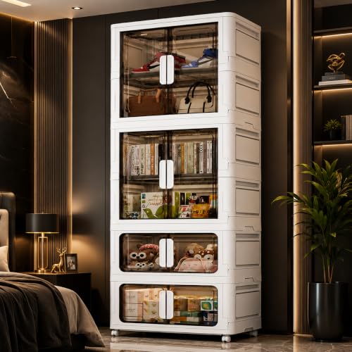 Image of EXVITO Modular Plastic Wardrobe for Bedroom | 4 Tier Foldable Cupboard with Hanging Rod | Stackable Storage Almirah for Clothes with Wheels | Multi-Layer Plastic Storage Cabinet - White